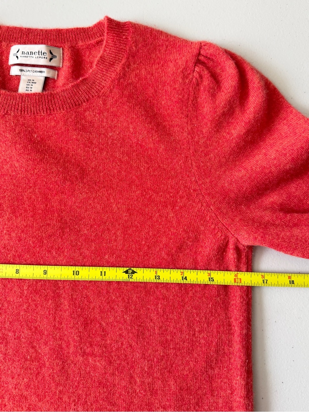 100% Cashmere Puff Sleeve Crewneck Sweater Nanette Lepore Orange Red M - Picture 6 of 7